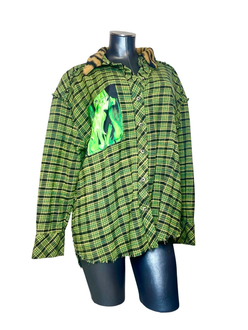 Y2K BDG Green Plaid Distressed Faux Fur Trim Button Up Shirt Jacket Womens